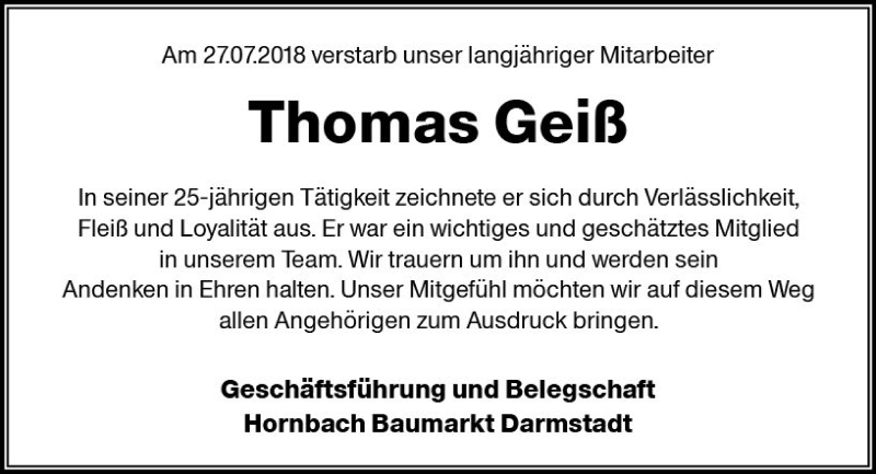  Traueranzeige für Thomas Geiß vom 08.08.2018 aus vrm-trauer