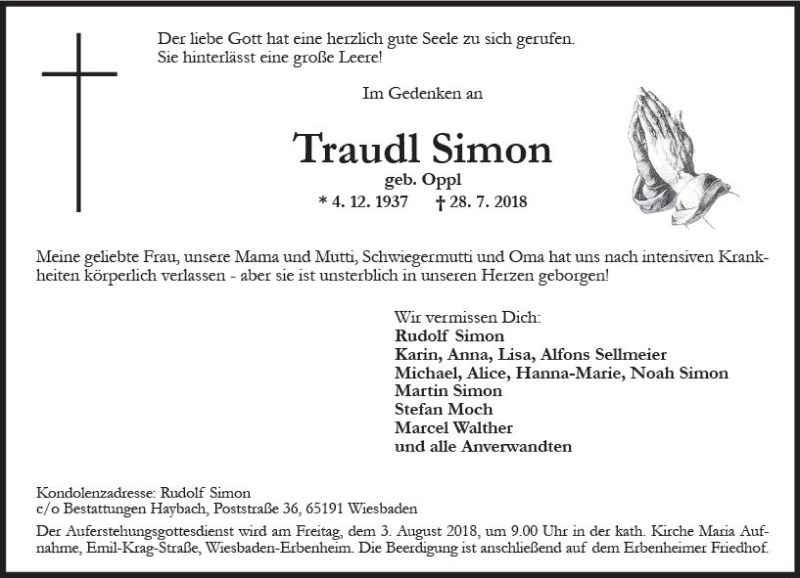  Traueranzeige für Traudl Simon vom 01.08.2018 aus vrm-trauer