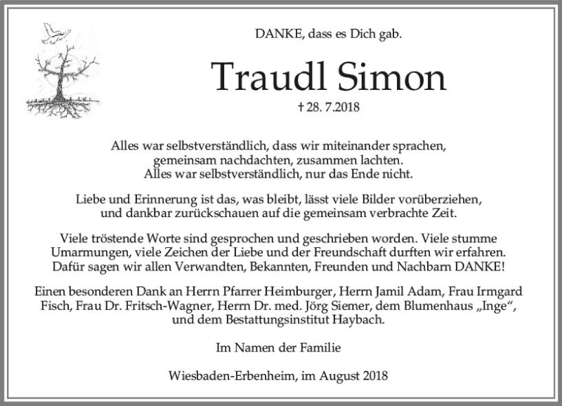  Traueranzeige für Traudl Simon vom 18.08.2018 aus vrm-trauer