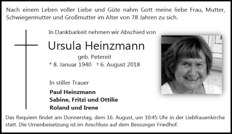  Traueranzeige für Ursula Heinzmann vom 11.08.2018 aus vrm-trauer