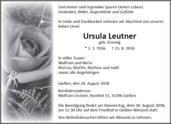 Traueranzeige von Ursula Leutner von  Gießener Anzeiger