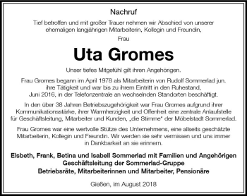 Traueranzeige von Uta Gromes von  Gießener Anzeiger