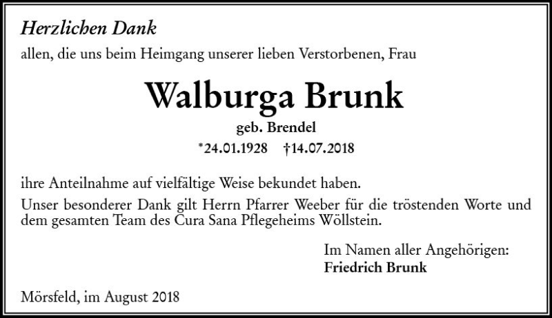  Traueranzeige für Walburga Brunk vom 04.08.2018 aus vrm-trauer