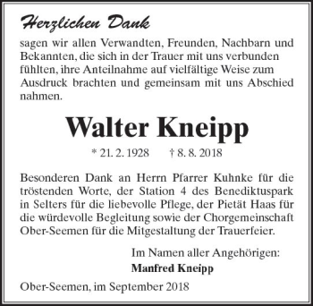 Traueranzeige von Walter Kneipp von  Kreisanzeiger