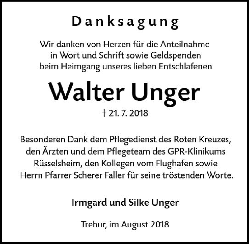  Traueranzeige für Walter Unger vom 10.08.2018 aus vrm-trauer