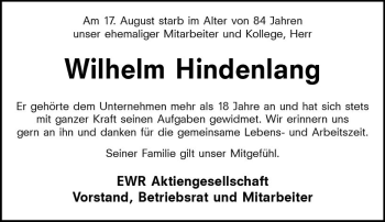 Traueranzeige von Wilhelm Hindenlang von vrm-trauer