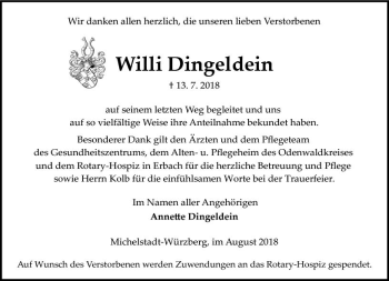 Traueranzeige von Willi Dingeldein von vrm-trauer