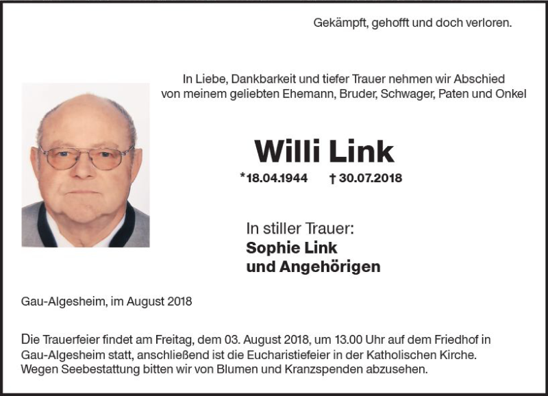  Traueranzeige für Willi Link vom 01.08.2018 aus vrm-trauer