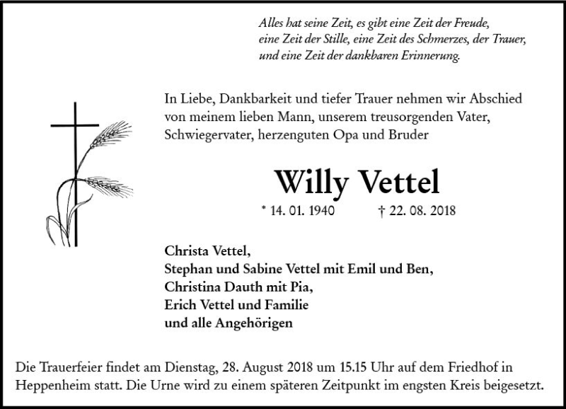  Traueranzeige für Willy Vettel vom 25.08.2018 aus vrm-trauer