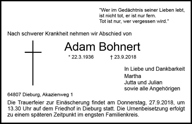  Traueranzeige für Adam Bohnert vom 26.09.2018 aus vrm-trauer