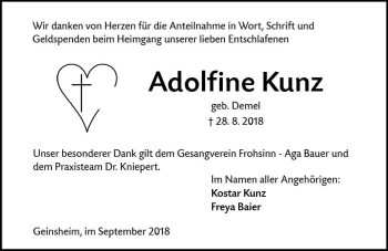 Traueranzeige von Adolfine Kunz von vrm-trauer