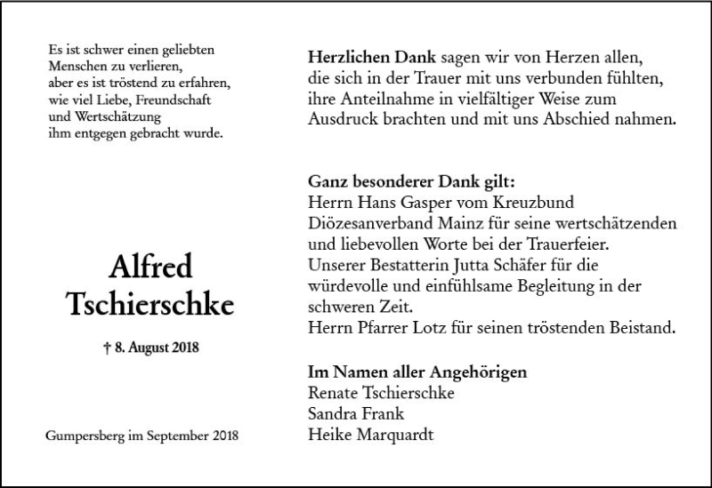  Traueranzeige für Alfred Tschierschke vom 08.09.2018 aus vrm-trauer