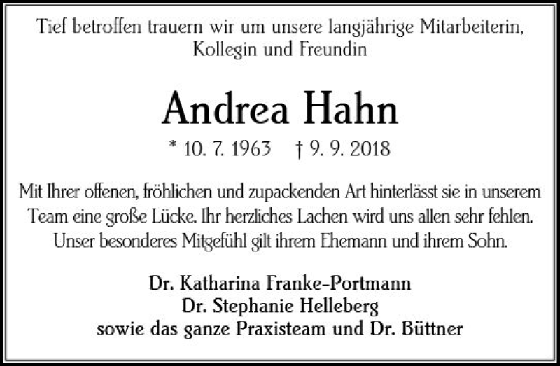  Traueranzeige für Andrea Hahn vom 13.09.2018 aus vrm-trauer