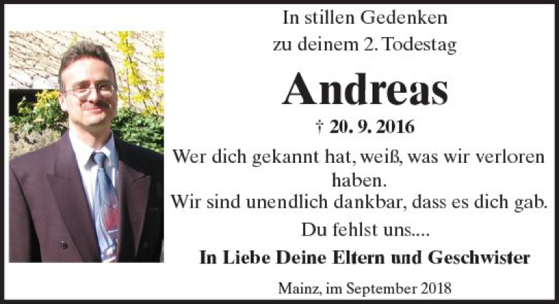  Traueranzeige für Andreas Schliephacke vom 20.09.2018 aus vrm-trauer