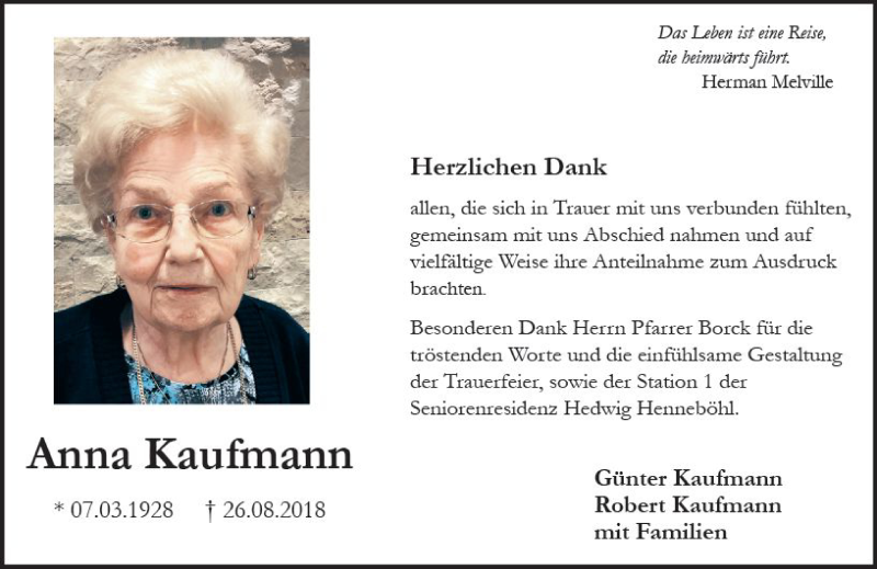  Traueranzeige für Anna Kaufmann vom 22.09.2018 aus vrm-trauer