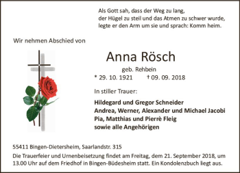 Traueranzeige von Anna Rösch von vrm-trauer