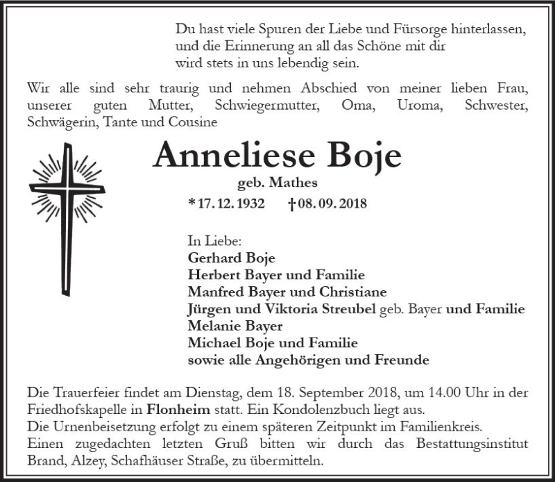  Traueranzeige für Anneliese Boje vom 14.09.2018 aus vrm-trauer