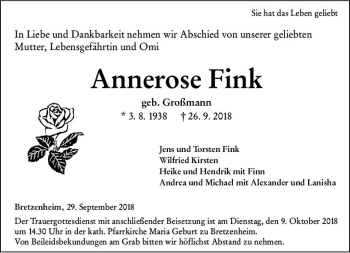 Traueranzeige von Annerose Fink von vrm-trauer