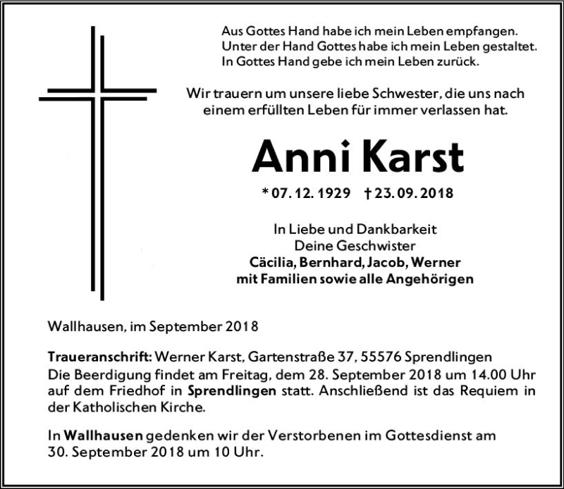  Traueranzeige für Anni Karst vom 26.09.2018 aus vrm-trauer