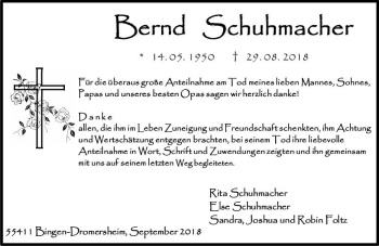 Traueranzeige von Bernd Schuhmacher von vrm-trauer