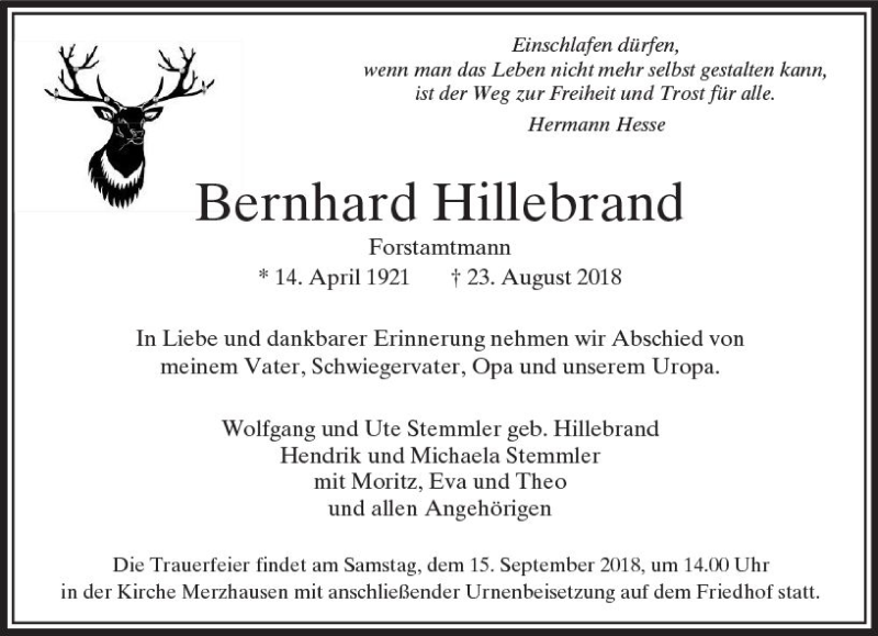  Traueranzeige für Bernhard Hillebrand vom 07.09.2018 aus  Usinger Anzeiger