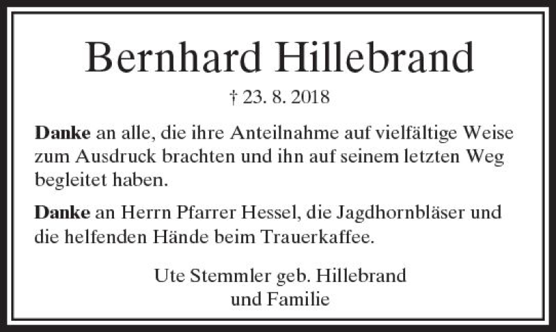  Traueranzeige für Bernhard Hillebrand vom 22.09.2018 aus  Usinger Anzeiger