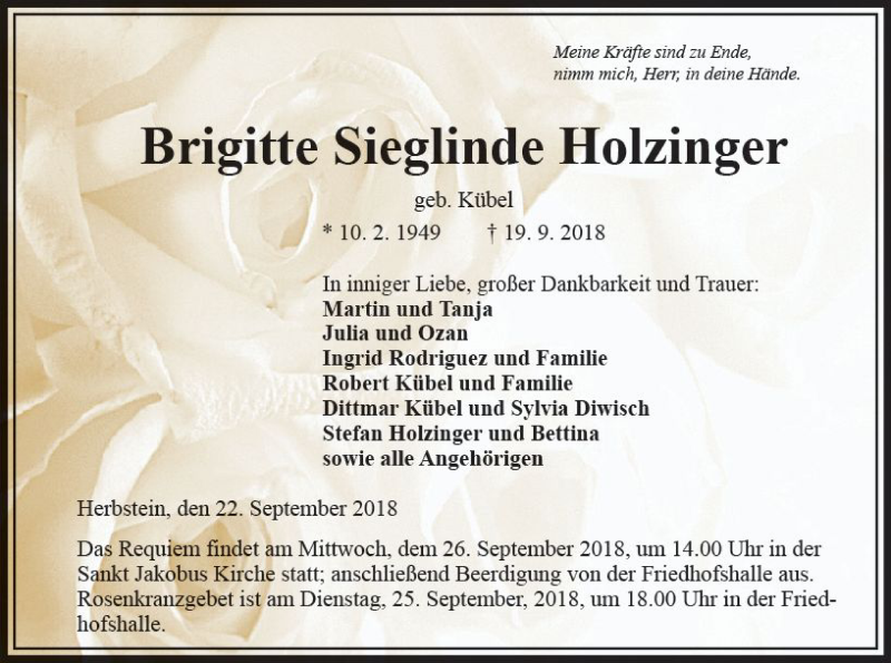  Traueranzeige für Brigitte Sieglinde Holzinger vom 22.09.2018 aus  Lauterbacher Anzeiger