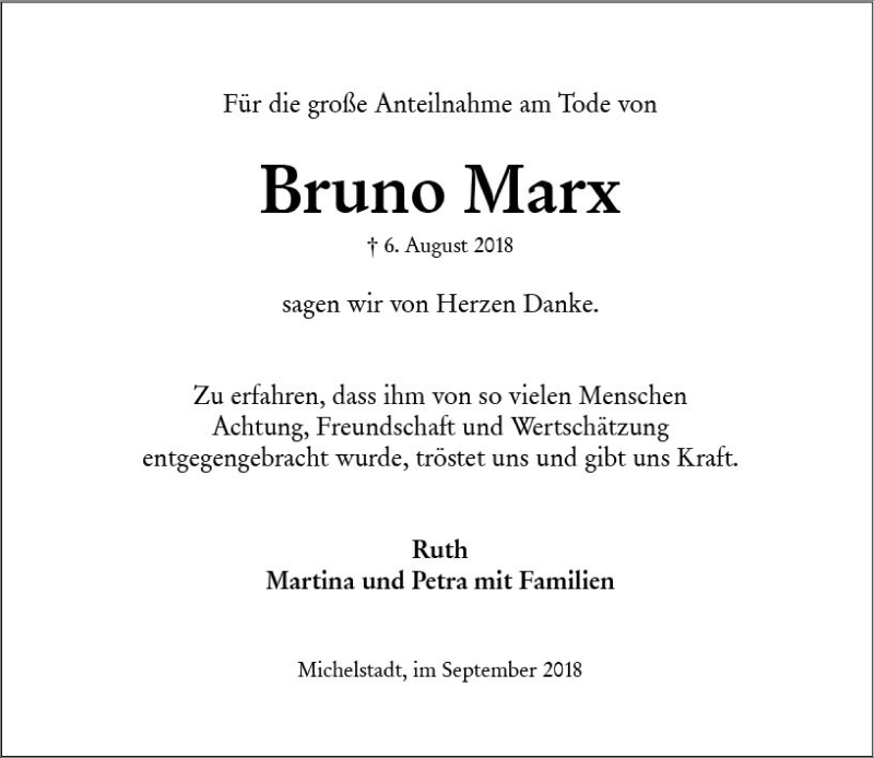  Traueranzeige für Bruno Marx vom 15.09.2018 aus vrm-trauer