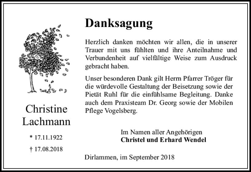  Traueranzeige für Christine Lachmann vom 22.09.2018 aus VRM Trauer