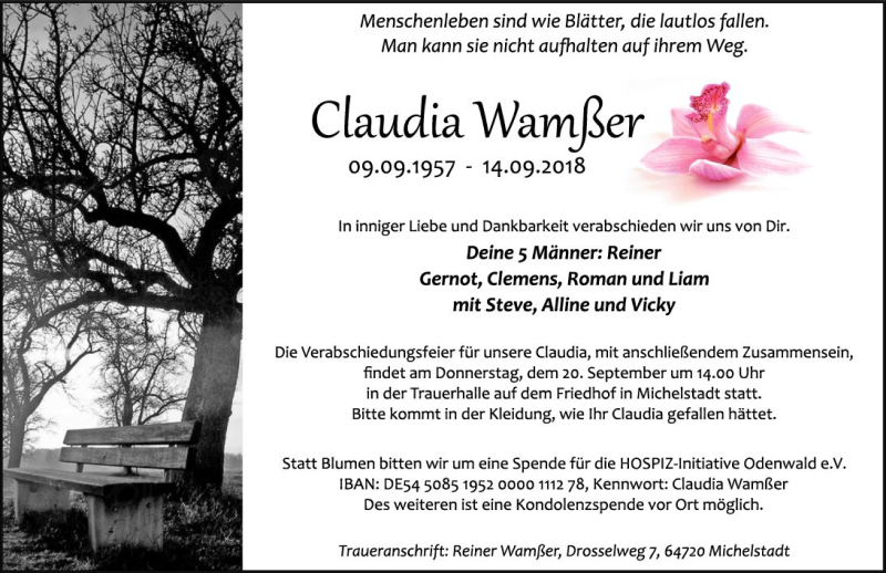  Traueranzeige für Claudia Wamßer vom 18.09.2018 aus vrm-trauer