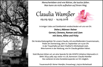 Traueranzeige von Claudia Wamßer von vrm-trauer