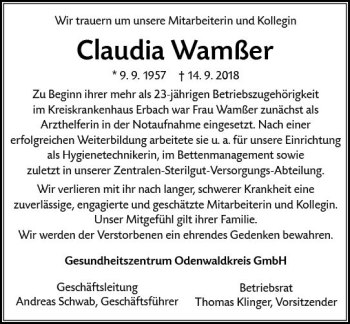 Traueranzeige von Claudia Wamßer von vrm-trauer