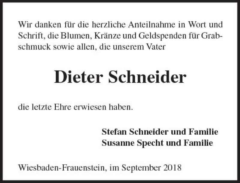  Traueranzeige für Dieter Schneider vom 08.09.2018 aus vrm-trauer