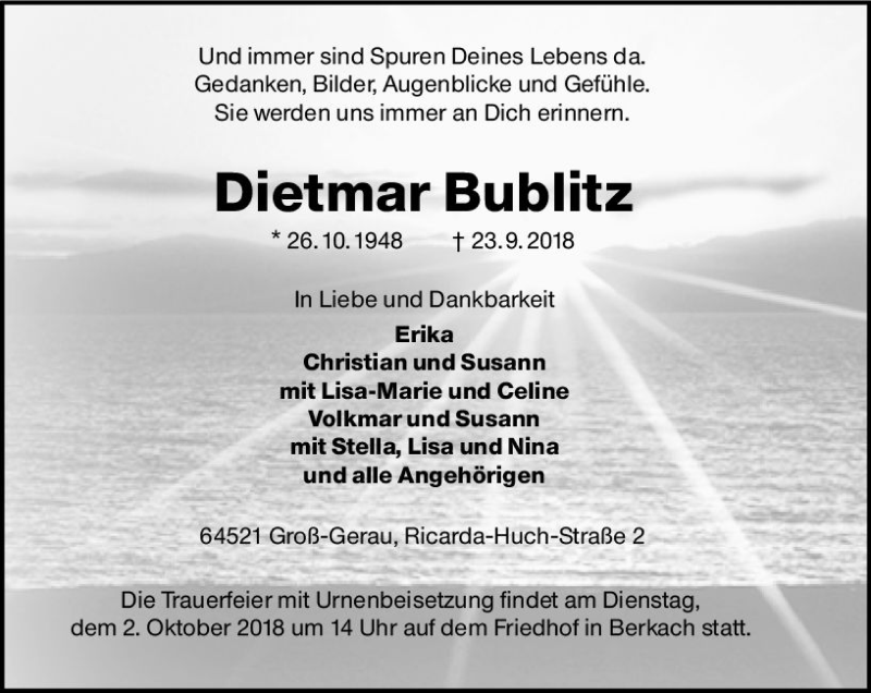  Traueranzeige für Dietmar Bublitz vom 29.09.2018 aus vrm-trauer