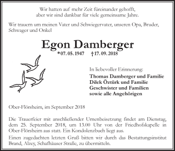 Traueranzeige von Egon Damberger von vrm-trauer