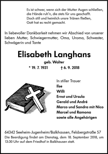 Traueranzeige von Elisabeth Langhans von vrm-trauer