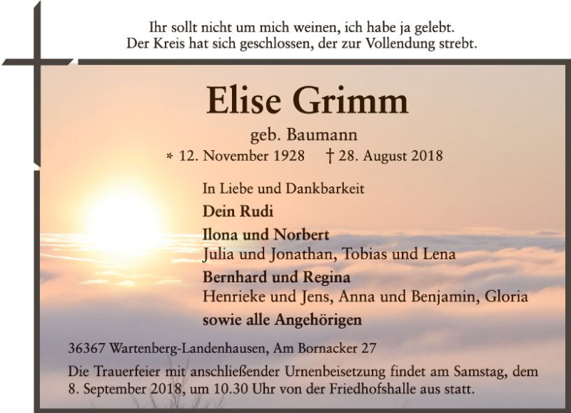  Traueranzeige für Elise Grimm vom 05.09.2018 aus VRM Trauer
