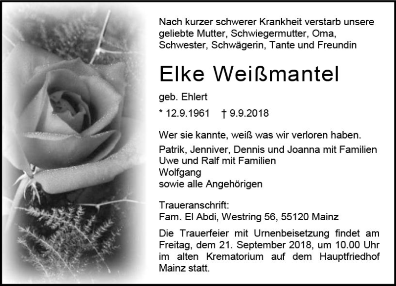  Traueranzeige für Elke Weißmantel vom 15.09.2018 aus vrm-trauer