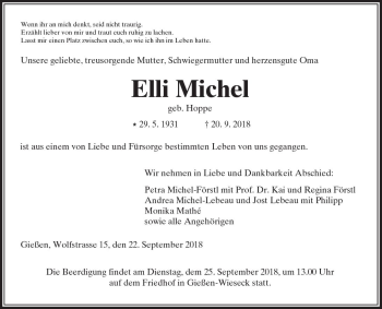 Traueranzeige von Elli Michel von  Gießener Anzeiger