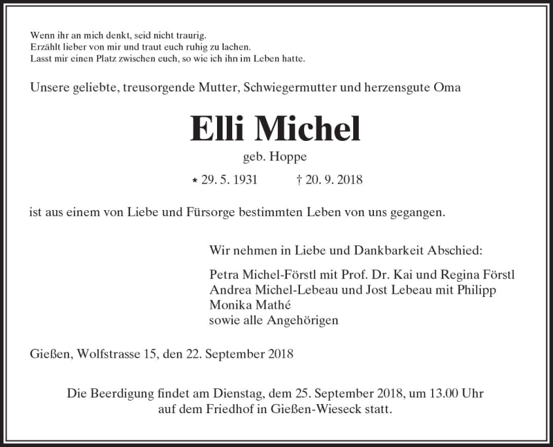  Traueranzeige für Elli Michel vom 22.09.2018 aus  Gießener Anzeiger