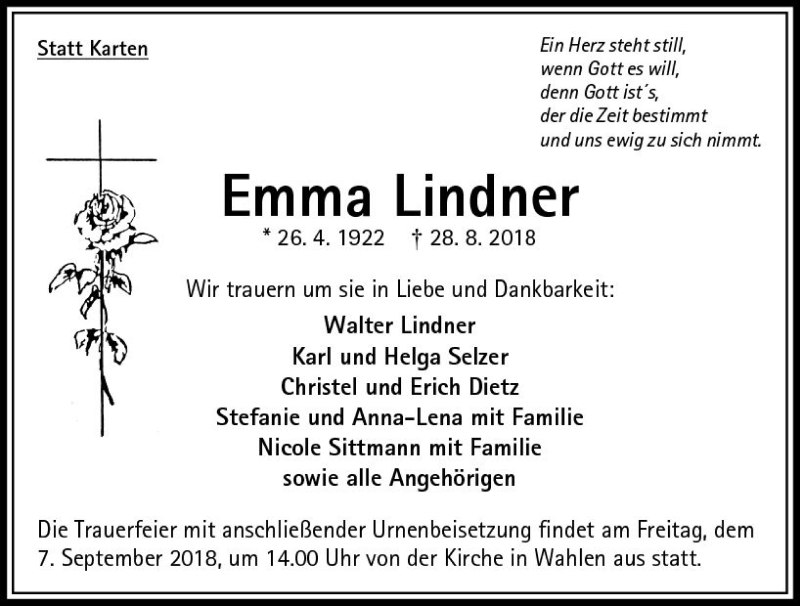  Traueranzeige für Emma Lindner vom 05.09.2018 aus VRM Trauer