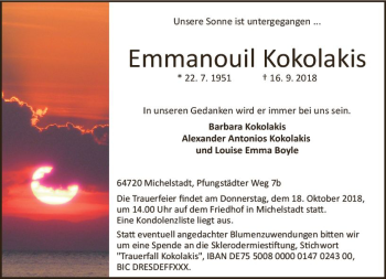 Traueranzeige von Emmanouil Kokolakis von vrm-trauer