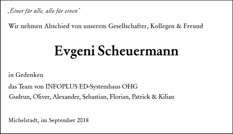  Traueranzeige für Evgeni Scheuermann vom 22.09.2018 aus vrm-trauer