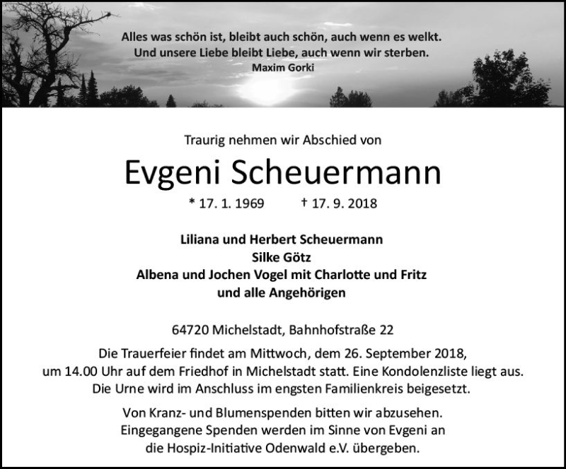  Traueranzeige für Evgeni Scheuermann vom 22.09.2018 aus vrm-trauer