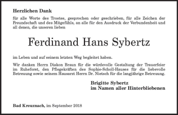 Traueranzeige von Ferdinand Hans Sybertz von vrm-trauer