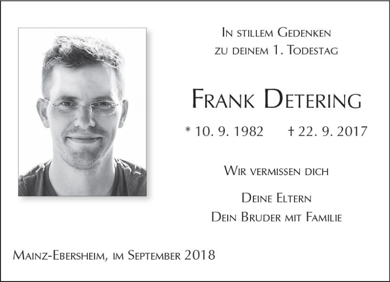  Traueranzeige für Frank Detering vom 22.09.2018 aus vrm-trauer
