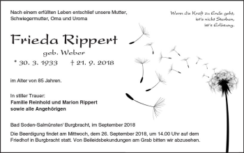 Traueranzeige von Frieda Rippert von  Kreisanzeiger