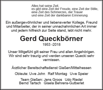 Traueranzeige von Gerd Queckbörner von  Gießener Anzeiger