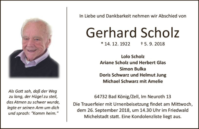  Traueranzeige für Gerhard Scholz vom 22.09.2018 aus vrm-trauer