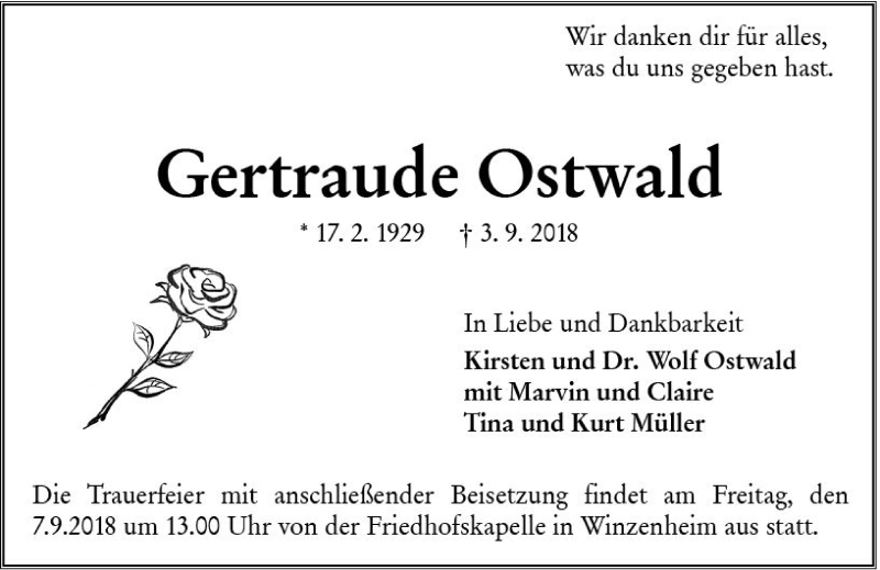  Traueranzeige für Gertraude Ostwald vom 05.09.2018 aus vrm-trauer